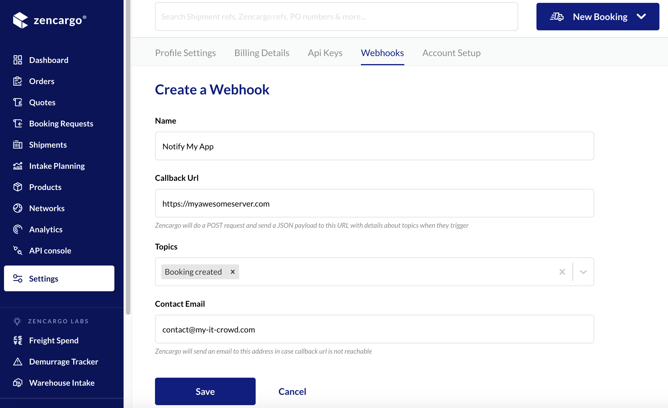 Create New Webhook form